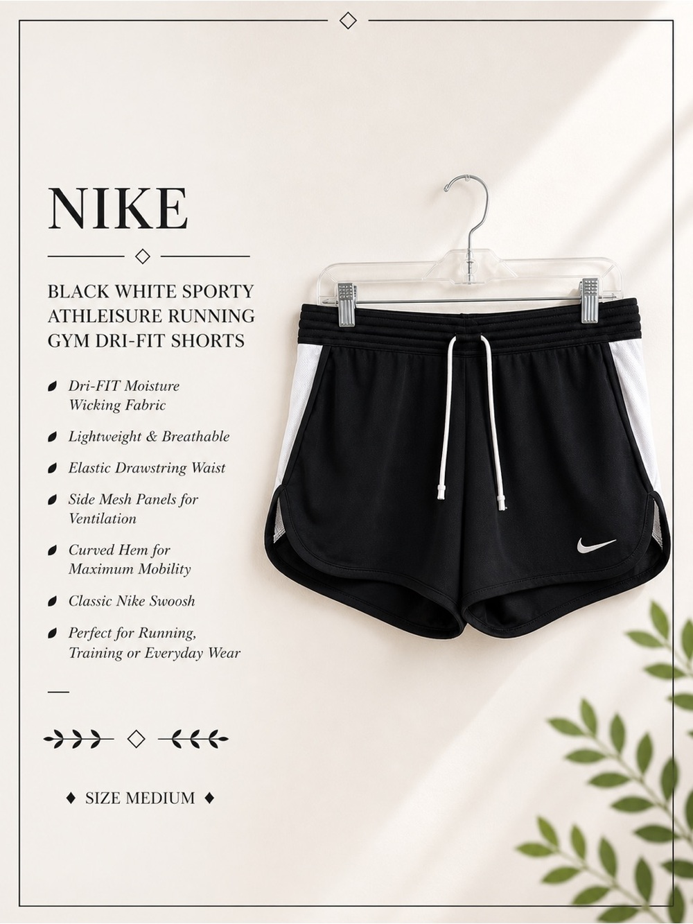 Nike Black White Sporty Athleisure Running Gym Dri-Fit Shorts Size Medium